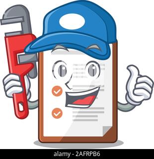 Smart Plumber clipboard Scroll on cartoon character design Stock Vector