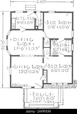 . A plan book of Harris homes. nd good arrangement it cannot be improvedupon. An examination of the floor plan shows an interior with all that is best in comfort andconvenience. Entry is made direct to the large com-modious living room. Here we find a well placedcoat closet just inside the front door. A widecased opening leads to the dining room, wellplanned with a cheerful bay window and swingingdoor leading to the kitchen and pantry. A doorleads from the kitchen to the back porch. Notethe excellent location of the bathroom, betweenthe two bedrooms with doors leading from each.Each bedroom ha Stock Photo