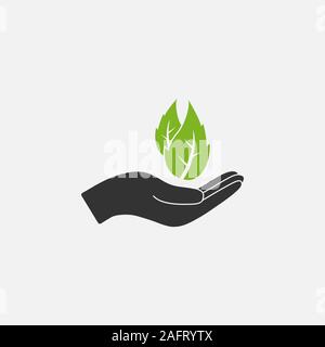Leaf in hand icon. Vector illustration, flat design Stock Vector