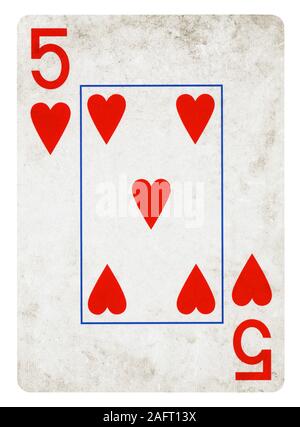 Five of Hearts Vintage playing card - isolated on white (clipping path included) Stock Photo