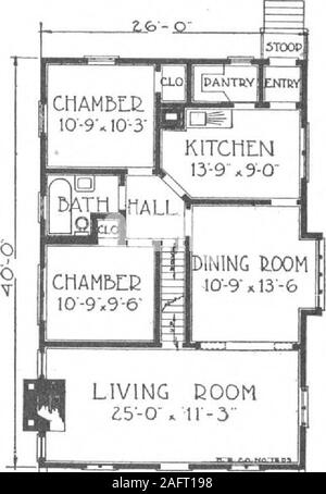 . A plan book of Harris homes. nter this room we are impressed with its beauty.There is a handsome mirror door included that leadsto the second floor. The view through to the diningroom is wonderfully charming. The dining room has along broad window seat backed by four attractivecasement sash. Just the place for a few shelves forflowers and drooping vines to help cheer up the dullgray winter days. The bedrooms are of ample size with plentyof window space for light and ventilation. Bathroomis conveniently placed between the two bedrooms.Each bedroom has a closet. The kitchen is arrangedfor ever Stock Photo