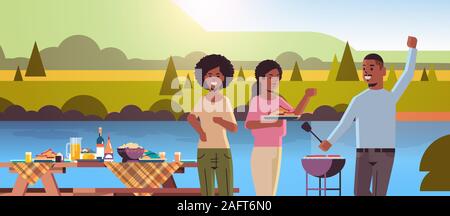 friends preparing hot dogs on grill african american man and women having fun picnic barbecue party concept park or river bank landscape background flat portrait horizontal vector illustration Stock Vector