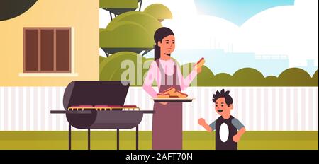 mother and son preparing hot dogs on grill happy family having fun backyard picnic barbecue party concept flat portrait horizontal vector illustration Stock Vector