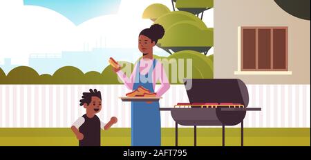 mother and son preparing hot dogs on grill happy african american family having fun backyard picnic barbecue party concept flat portrait horizontal vector illustration Stock Vector