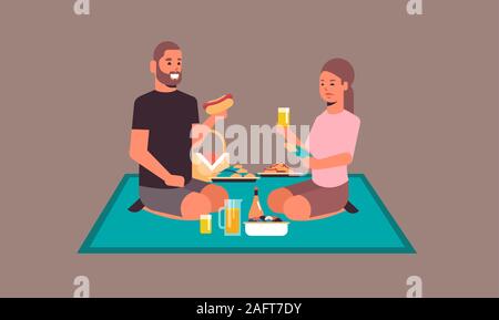 happy couple sitting on blanket eating hot dogs drinking juice man woman in love spending time together having picnic concept flat full length horizontal vector illustration Stock Vector