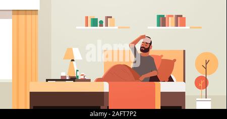 sick man with wet towel on forehead unhealthy guy reducing high fever suffering from cold flu virus lying on bed illness concept modern living room interior flat full length horizontal vector illustration Stock Vector