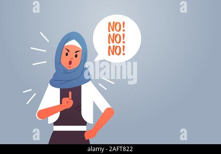 angry arab woman saying NO speech balloon with scream exclamation negation concept furious arabic lady showing sign with finger flat portrait horizontal vector illustration Stock Vector
