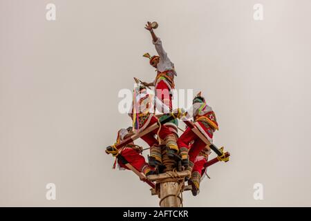 AUGUST 10 & 11, 2019 - GALLUP NEW MEXICO, USA - Volardores 'the flying men' at  98th Gallup Inter-tribal Indian Ceremonial, Gallup, New Mexico Stock Photo