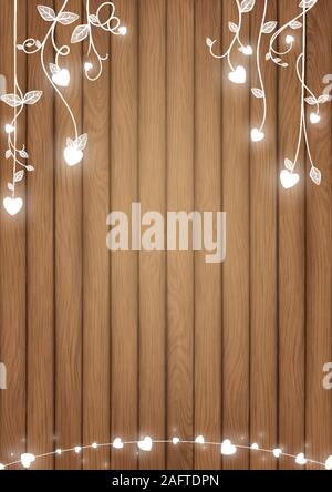 Romantic background conception included brown wood planks and white glowing heart as doodle vines style Stock Vector