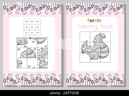 Multiplication table. Puzzle coloring book squirrel with a bump. Vector Stock Vector