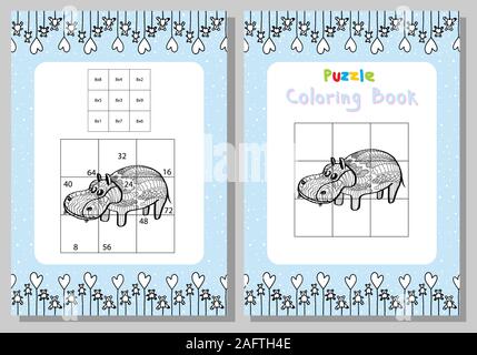 Multiplication table. Puzzle coloring book hippo. Childish style. Educational games. Game.Vector Stock Vector