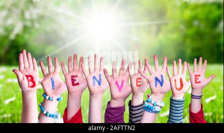 Children Hands Building Colorful French Word Bienvenue Means Welcome. Green Grass Meadow As Background Stock Photo