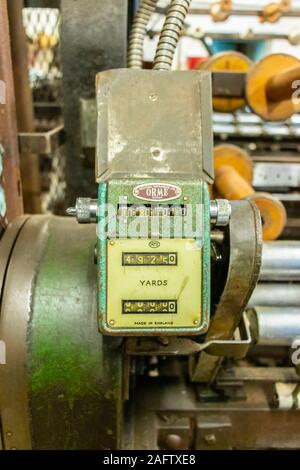 numerical cotton length counter on textile machinery in Sir Richard Arkwright's cotton and textile mill at Masson Mills Museum Derbyshire UK Stock Photo