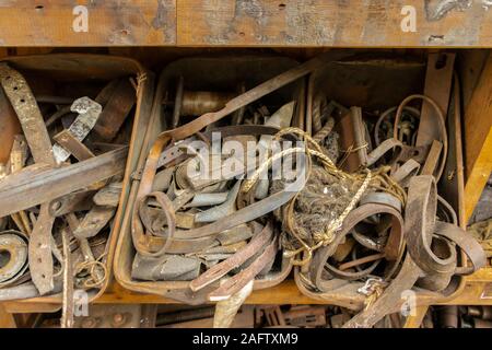 close up of leather machine  drive belts in Sir Richard Arkwright's cotton and textile mill at Masson Mills Museum Derbyshire UK Stock Photo