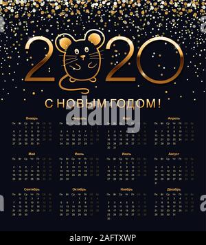 2020 year Russian calendar in Russian language. Year of the Rat. Week starts from monday. Isolated vector illustration on blue background. Stock Vector