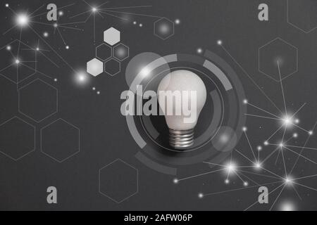 Light bulb future technologies and network connection on virtual interface background, innovative technology in science and communication concept. Cre Stock Photo