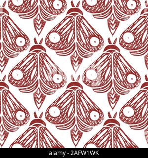 Butterflies. Seamless pattern. Linocut handmade vector illustration. Rust color. Isolated on white Stock Vector