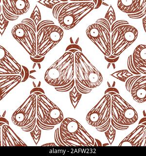 Butterflies. Seamless pattern. Linocut handmade vector illustration. Rust color. Isolated on white. Rotate Pattern Elements. Stock Vector