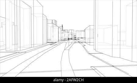 A schematic drawing or sketch of a 3D city with buildings and roads. Outline style. 3D illustration vector. Construction industry concept Stock Vector