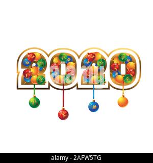 2020 date Christmas balls on white isolated background. Vector image Stock Vector