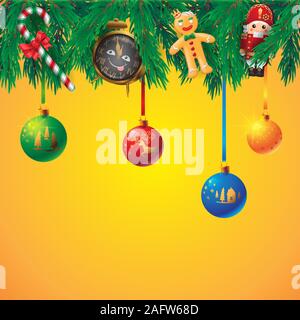 Christmas background Christmas tree balls glass candy gingerbread toy on yellow isolated background. Vector image Stock Vector