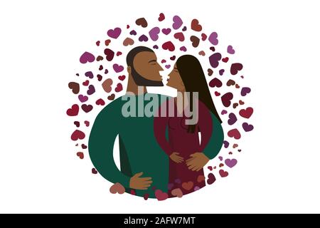A man and woman kiss. Flat design icon. Vector illumination. Valentines Day postcard. Stock Vector