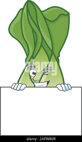 Grinning bok choy cartoon character style hides behind a board Stock Vector