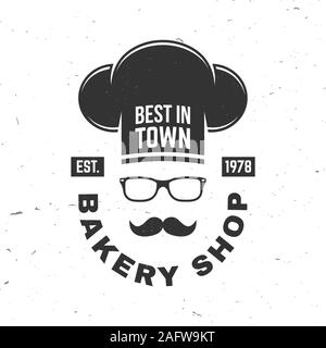 Bakery shop. Vector. Concept for badge, shirt, label, print, stamp or tee. Typography design with chef hat, text, mustache silhouette. Template for restaurant identity objects, packaging and menu Stock Vector