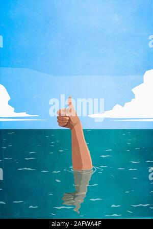 Sinking hand gesturing thumbs-up in sea Stock Photo