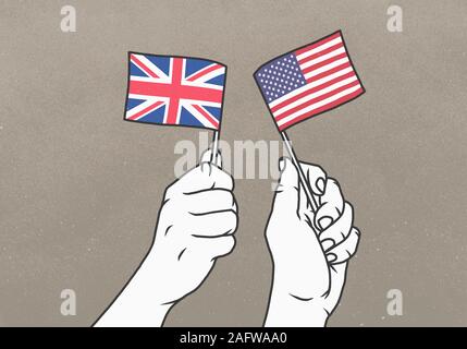 Hands waving small British and American flags Stock Photo