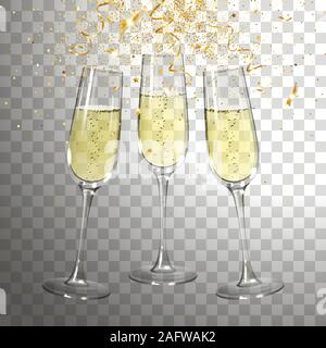 festive champagne glasses and golden confetti on transparent background Stock Vector