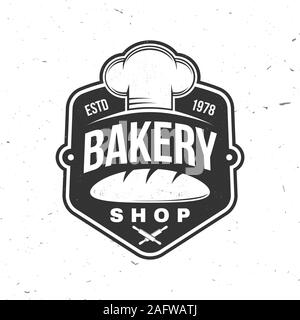 Bakery shop. Vector. Concept for badge, shirt, label, print, stamp or tee. Typography design with bread, text, chef hat silhouette. Template for restaurant identity objects, packaging and menu