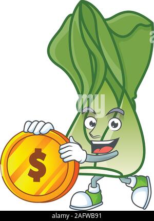 happy face bok choy cartoon character with gold coin Stock Vector