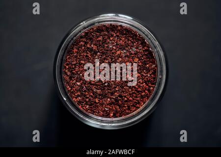 View from above Korean chili pepper flakes in spice jar Stock Photo