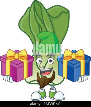 Cheerful bok choy cartoon design with Christmas gift boxes Stock Vector