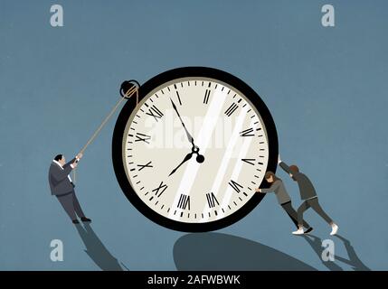 Couple and businessman pushing and pulling large stopwatch Stock Photo