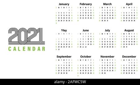 2021 Calendar template vector illustration simple design week starts on Sunday indicate weekends with red Stock Vector