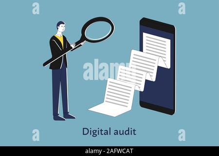 Businessman is looking through magnifier to document coming from big smart phone, flat illustration, digital audit concept. Stock Vector