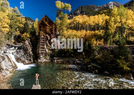 OCTOBER 2, 2019, CRYSTAL, COLORADO, USA - Old Mill is an 1892 wooden powerhouse located on an outcrop above the Crystal River Stock Photo