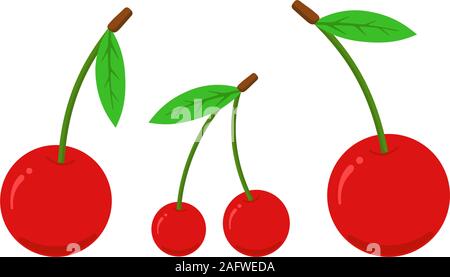 Cherry flat icon set. Fresh sweet natural red berry isolated vector illustration Stock Vector