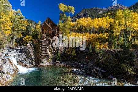 OCTOBER 2, 2019, CRYSTAL, COLORADO, USA - Old Mill is an 1892 wooden powerhouse located on an outcrop above the Crystal River Stock Photo