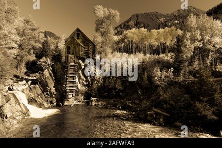 OCTOBER 2, 2019, CRYSTAL, COLORADO, USA - Old Mill is an 1892 wooden powerhouse located on an outcrop above the Crystal River Stock Photo