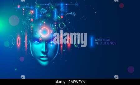Artificial intelligence in the image of a wise woman. AI conceptual futuristic blue banner. Cybernetics mind analysis data. Neuron network processes Stock Vector