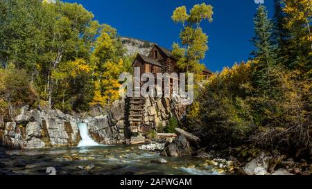 OCTOBER 2, 2019, CRYSTAL, COLORADO, USA - Old Mill is an 1892 wooden powerhouse located on an outcrop above the Crystal River Stock Photo