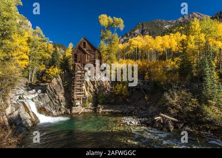 OCTOBER 2, 2019, CRYSTAL, COLORADO, USA - Old Mill is an 1892 wooden powerhouse located on an outcrop above the Crystal River Stock Photo