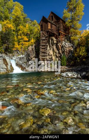 OCTOBER 2, 2019, CRYSTAL, COLORADO, USA - Old Mill is an 1892 wooden powerhouse located on an outcrop above the Crystal River Stock Photo