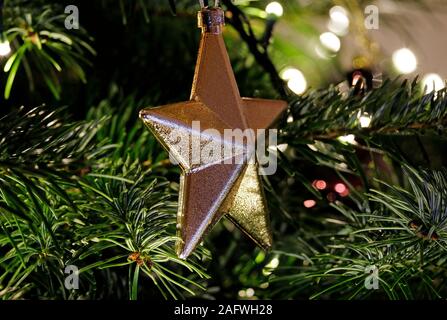 golden decorative star on christmas tree Stock Photo