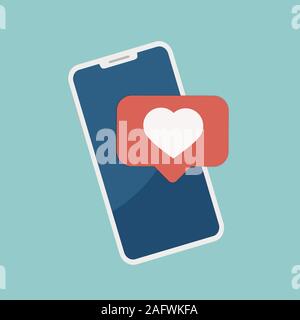Smartphone with heart emoji speech bubble get message on screen. Social network and mobile device concept. Stock Vector