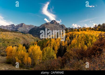 October 4, 2019 - Ridgway, Colorado, USA - San Juan Mountains In Autumn, near Ridgway Colorado - Dallas Creek West off Highway 62 to Telluride, Colorado - Aspen Color autumn Stock Photo