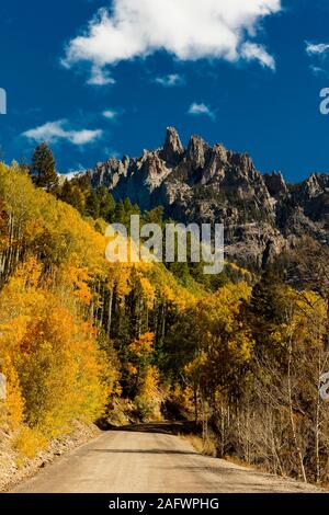 October 10, 2019, Colorado, USA - Scenic autumn road outside Telluride, Colorado, San Juan Mountains - near Ophir Stock Photo